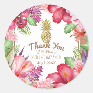 Sticker Rond Fleurs Exotiques Tropicales & Ananas Doré Élégant