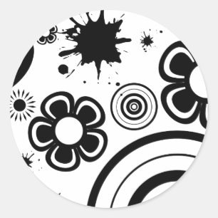Sticker Rond Fleurs fantaisistes noires, cercles, motif éclabou