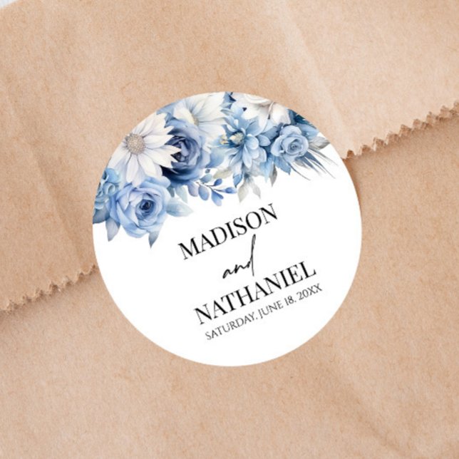 Sticker Rond Fleurs Florales Bleues Dusty Jardin Mariage (Créateur téléchargé)