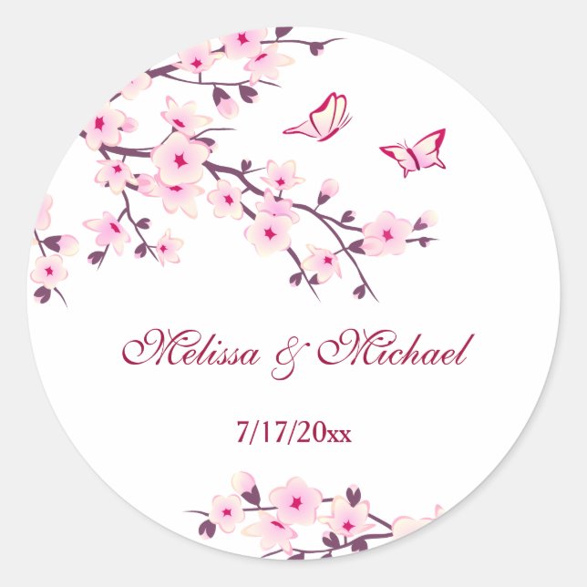 Sticker Rond Fleurs florales de cerisier rose blanc | Mariage p (Devant)