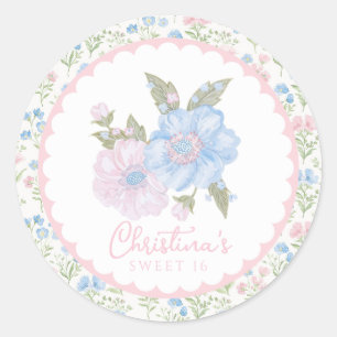 Sticker Rond Fleurs grandmillénaristes bleues et roses pour un