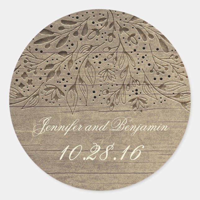 Sticker Rond Fleurs gravées rustiques Mariage en bois (Devant)