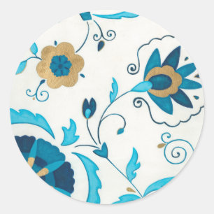 Sticker Rond Fleurs Indigo dorées avec Arrière - plan blanc