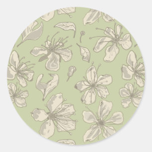 Sticker Rond Fleurs jetées sur vert olive - motif sans soudure.
