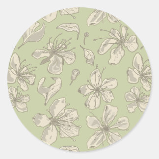 Sticker Rond Fleurs jetées sur vert olive - motif sans soudure.