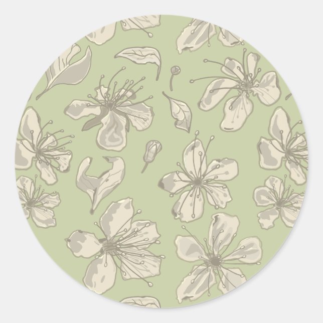 Sticker Rond Fleurs jetées sur vert olive - motif sans soudure. (Devant)