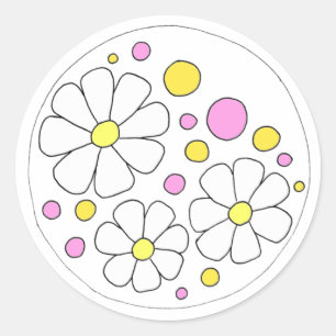 Sticker Rond Fleurs marguerites rétro avec cercles rose et jaun