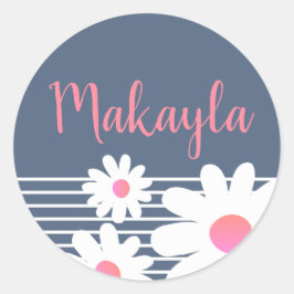 Sticker Rond Fleurs marguerites rose Rose Pastel Blue Nom
