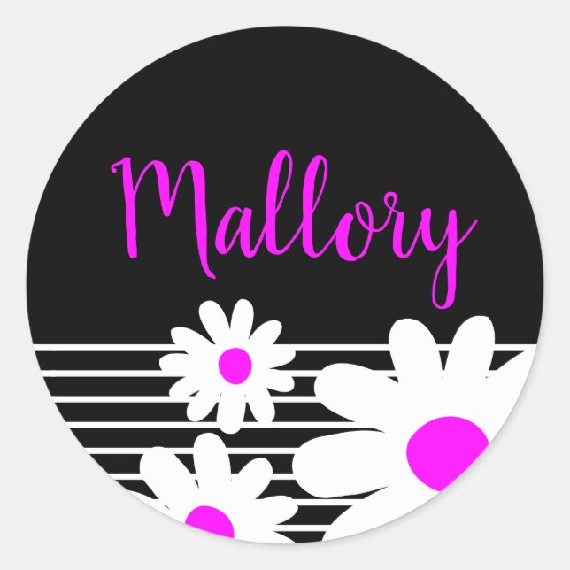 Sticker Rond Fleurs marguerites roses mignonnes Nom noir et bla (Devant)