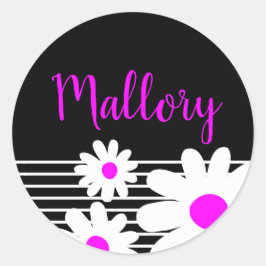 Sticker Rond Fleurs marguerites roses mignonnes Nom noir et bla