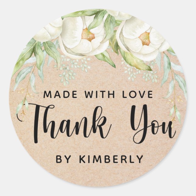 Sticker Rond Fleurs Merci Peony Fabriquées avec amour (Devant)
