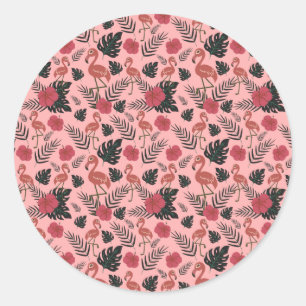 Sticker Rond Fleurs motifs et feuilles flamands roses