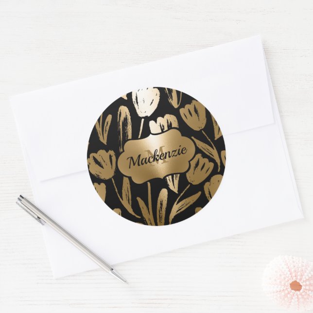 Sticker Rond Fleurs noires et dorées (Enveloppe)