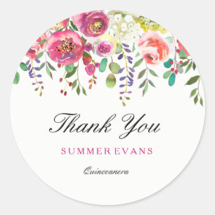 Sticker Rond Fleurs printanières Peach Quinceanera Merci