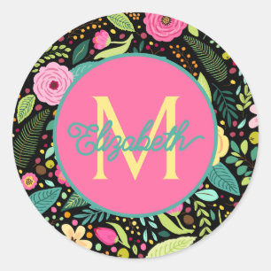 Sticker Rond Fleurs printanières sur monogramme noir