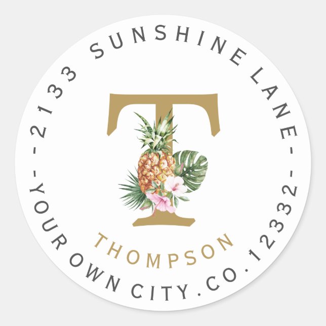 Sticker Rond Fleurs rose ananas Monogramme Adresse circulaire (Devant)