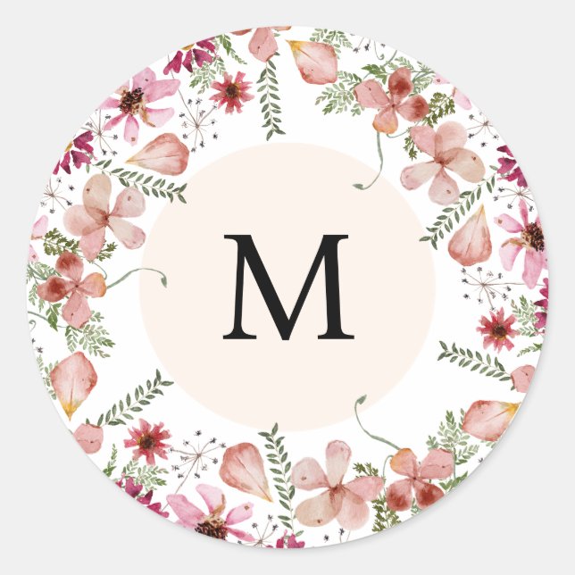Sticker Rond Fleurs rose de Pêche Monogramme Enveloppe ronde Sc (Devant)