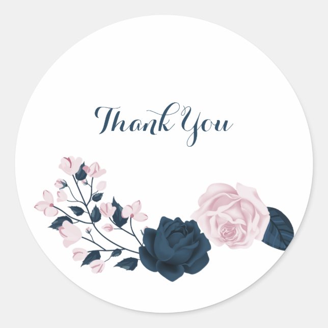 Sticker Rond fleurs rose et marine merci (Devant)