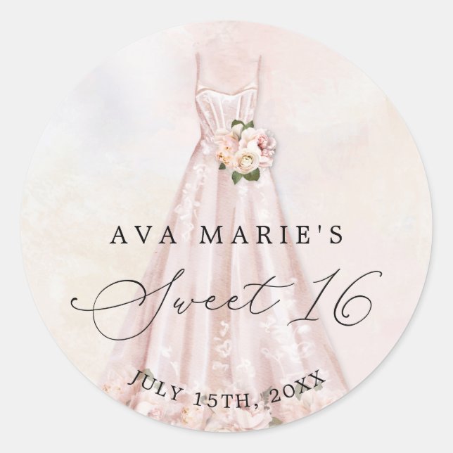 Sticker Rond Fleurs Rose Pâle Douce 16e Anniversaire Classique (Devant)