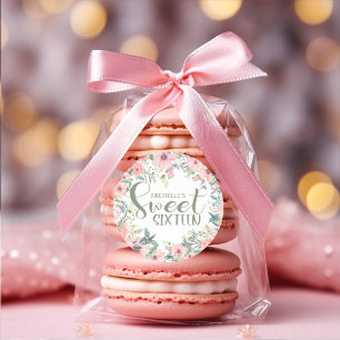 Sticker Rond Fleurs Rose Pâle Feuilles Vert Sauge Sweet 16