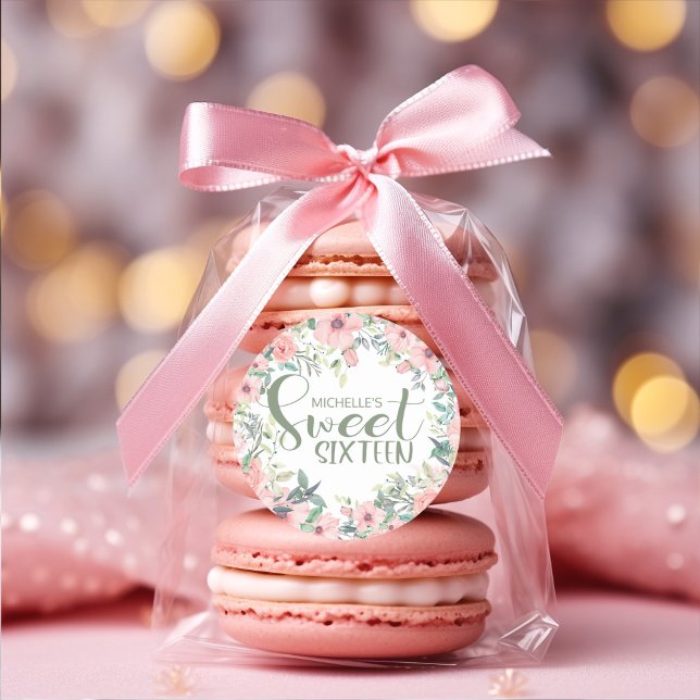 Sticker Rond Fleurs Rose Pâle Feuilles Vert Sauge Sweet 16 (Blush pink watercolor floral Sweet 16 party favor sticker )