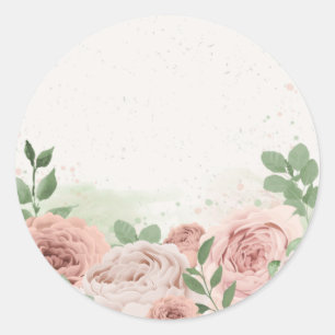 Sticker Rond fleurs rose rousse romantique & feuille classique 