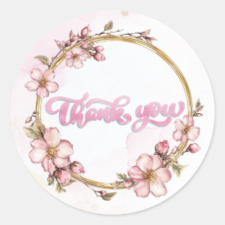 Sticker Rond Fleurs roses aquarelle Merci