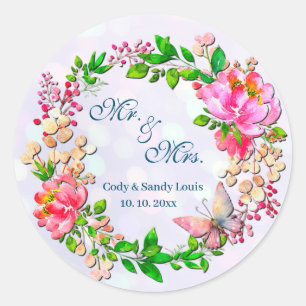 Sticker Rond Fleurs roses aquarelles et papillon Lancer de prin