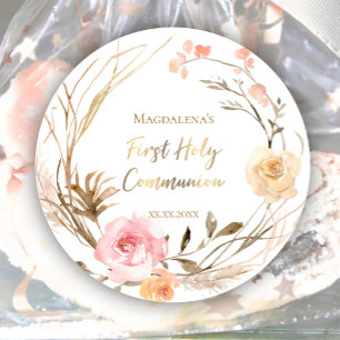 Sticker Rond fleurs roses beiges Première communion sainte