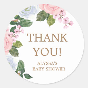 Sticker Rond Fleurs roses blanches bébé remerciement Shower
