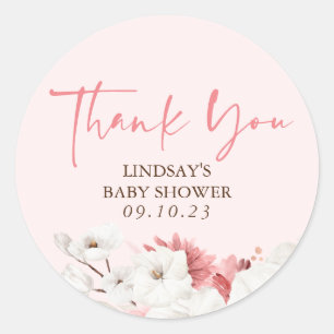 Sticker Rond Fleurs roses blanches bohème élégant merci