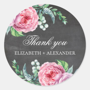 Sticker Rond Fleurs roses bohèmes. Mariage tableau noir merci