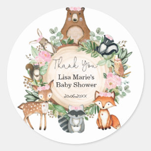 Sticker Rond Fleurs roses Bois Animaux Bébé Fille Douche