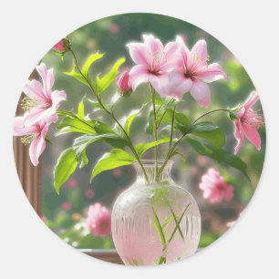 Sticker Rond Fleurs Roses Dans Le Vase
