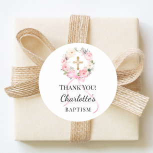 Sticker Rond Fleurs roses de baptême pour fille couronne croix 