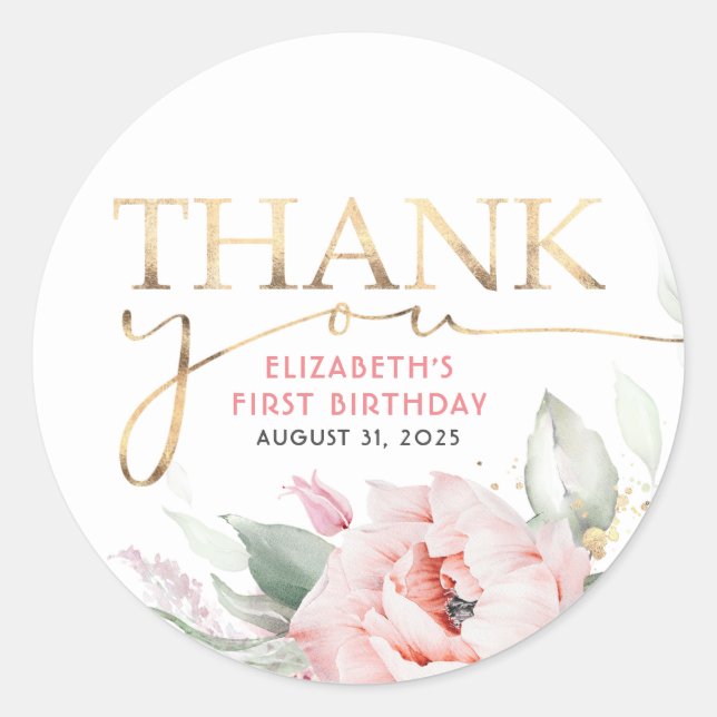 Sticker Rond Fleurs roses Elégante verdure et Merci d'or (Devant)
