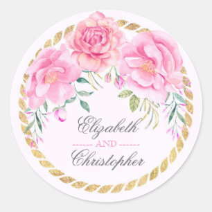 Sticker Rond Fleurs roses Elégantes aquarelles Mariage d'envelo