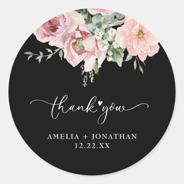 Sticker Rond Fleurs roses élégantes Merci Mariage privilégier (Devant)