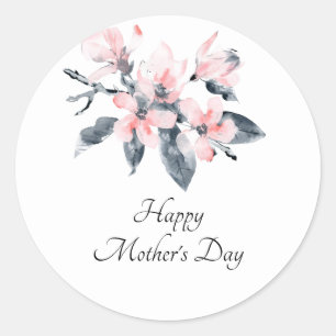 Sticker Rond Fleurs roses et gris Aquarelle classique Fête des 