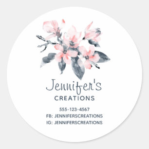 Sticker Rond Fleurs roses et gris Classique Aquarelle Business