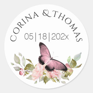 Sticker Rond Fleurs roses et Mariage papillon