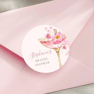Sticker Rond Fleurs roses et Prosecco Fête de mariage floral