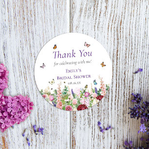 Sticker Rond Fleurs roses et violettes et papillons Merci