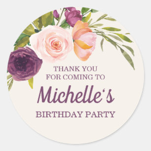Sticker Rond Fleurs roses et violettes pâles Crème Anniversaire