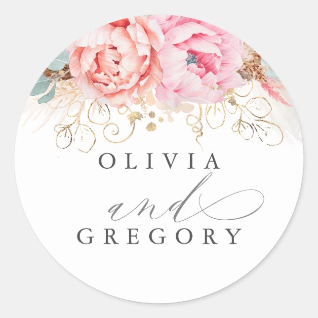 Sticker Rond Fleurs roses Eucalyptus Feuilles et Pampas Grass (Devant)