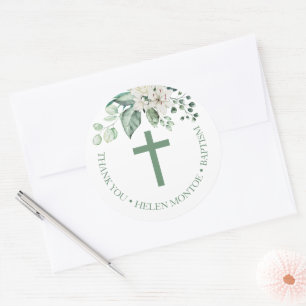 Sticker Rond Fleurs roses Eucalyptus Merci de baptême