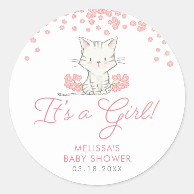 Sticker Rond Fleurs roses Kitten Baby shower fille (Devant)