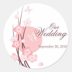 Sticker Rond Fleurs roses Papillon Mariage Faire-part