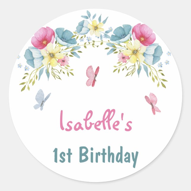Sticker Rond Fleurs roses Papillons Merci Anniversaire (Devant)