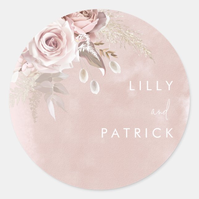 Sticker Rond Fleurs Roses poussières Aquarelle Bleu Mariage Eng (Devant)